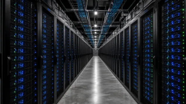 Centro de datos con servidores iluminados en azul alineados en pasillos