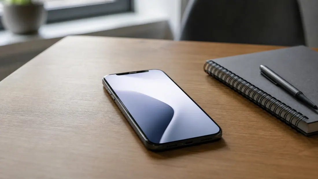 Smartphone con pantalla encendida sobre escritorio de madera junto a libreta