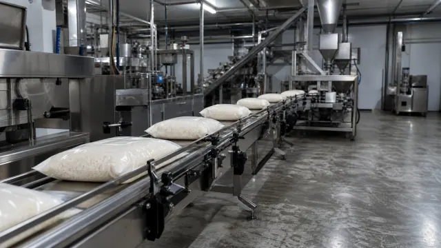 Sacos de harina en una cinta transportadora de una planta de producción industrial