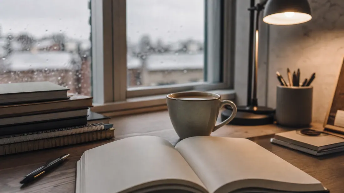 Escritorio con un cuaderno abierto, taza de té y vistas a la ciudad nevada