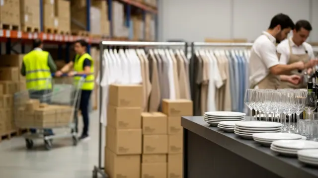 Almacén de distribución con trabajadores en chaleco reflectante gestionando cajas