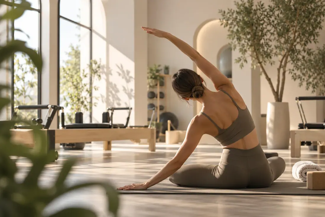 Una mujer practica pilates estirando el brazo en un estudio luminoso