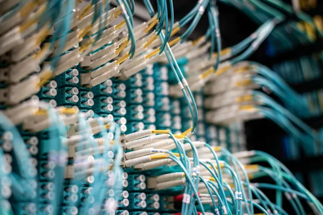 Cables de fibra óptica conectados a equipos en una sala de servidores