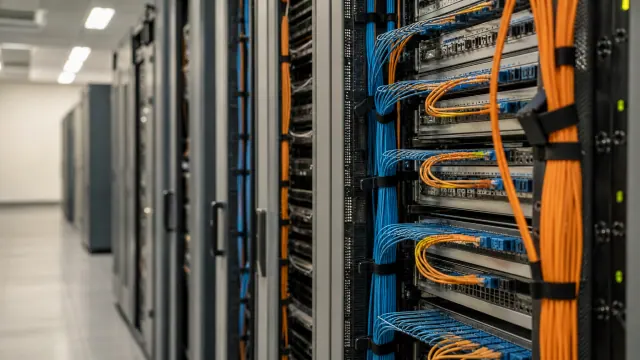 Equipos de red y servidores con cables azules y naranjas en una sala de servidores