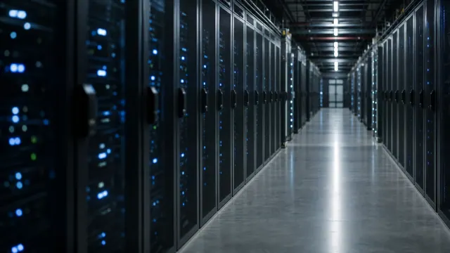Pasillo de centro de datos con racks de servidores y luces indicadoras azules