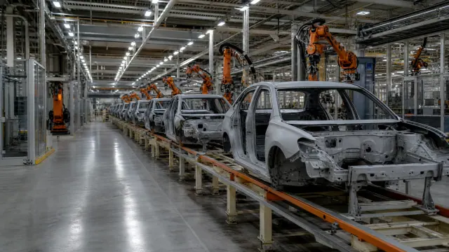 Línea de montaje de automóviles en una fábrica con brazos robóticos y carrocerías