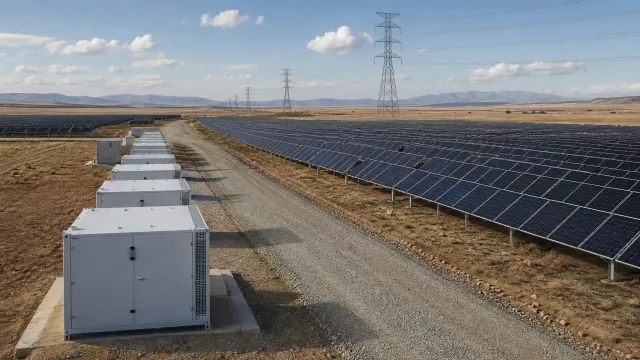 Instalación de paneles solares con baterías de almacenamiento y torres de alta