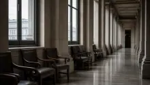 Pasillo de edificio institucional con sillones de cuero negro junto a ventanales