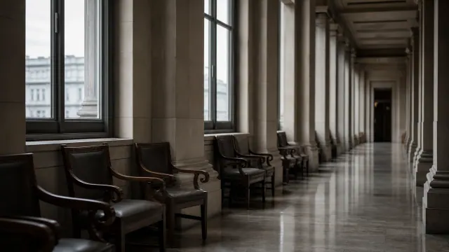 Pasillo de edificio institucional con sillones de cuero negro junto a ventanales