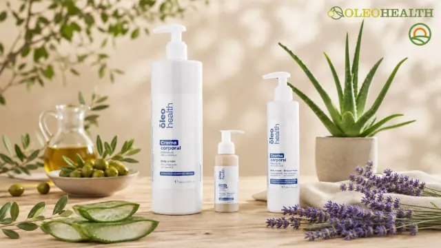 Envases de crema corporal Oleo Health junto a aloe vera, lavanda y aceitunas
