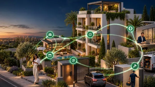 Infografía con iconos verdes de servicios conectados a un edificio residencial