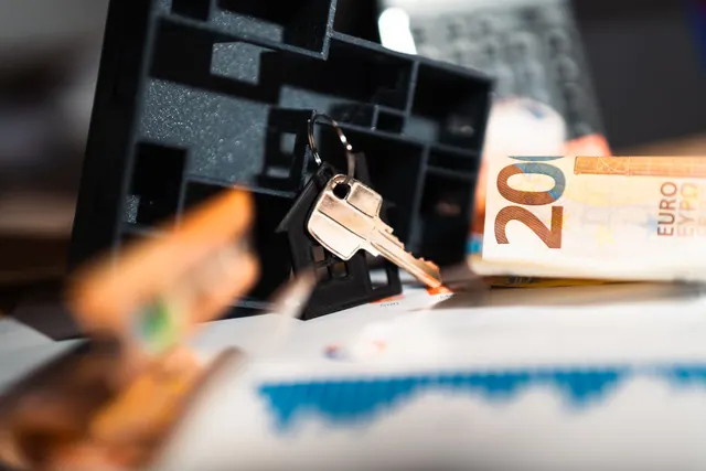 Una llave con llavero en forma de casa junto a billetes de euro