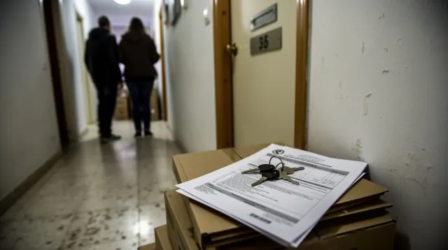 Documentos con llaves sobre cajas en un pasillo de edificio con personas al fondo