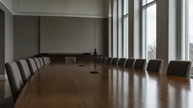 Sala de reuniones vacía con una larga mesa de madera y sillas de respaldo alto