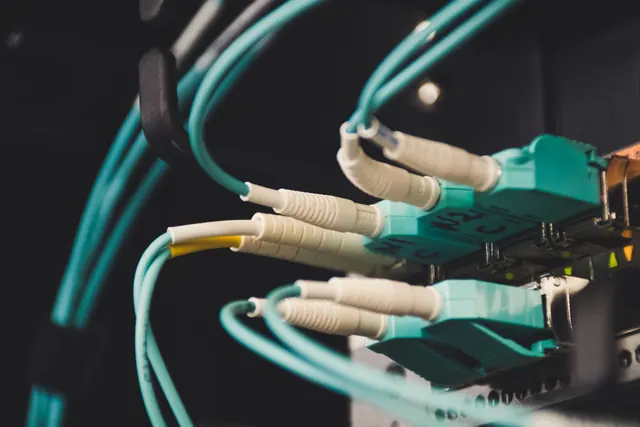 Cables de fibra óptica conectados a un panel de red