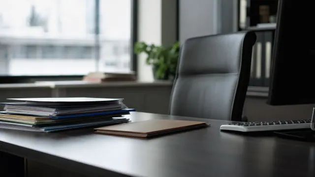 Mesa de oficina con carpetas, ordenador y material de trabajo administrativo