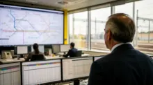 Una persona observa a trabajadores en una sala de control con monitores y planos