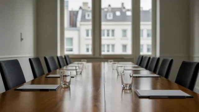 Sala de reuniones con una larga mesa de madera y sillas negras frente a ventanales