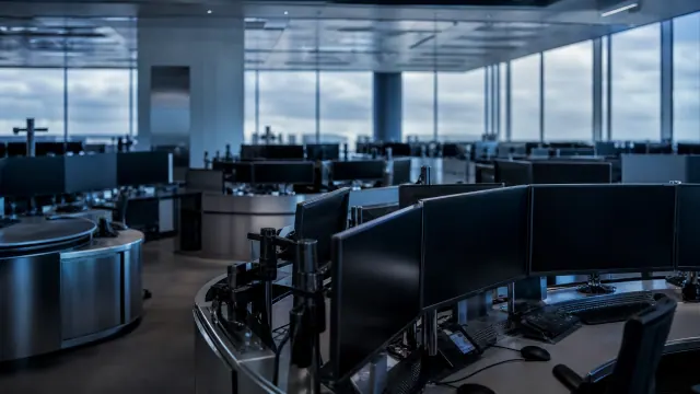 Oficina diáfana en un rascacielos con puestos de trabajo vacíos y vistas a la ciudad