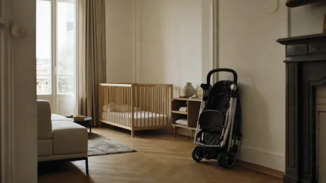 Habitación infantil con cuna de madera, carrito de paseo y sillón junto a ventana