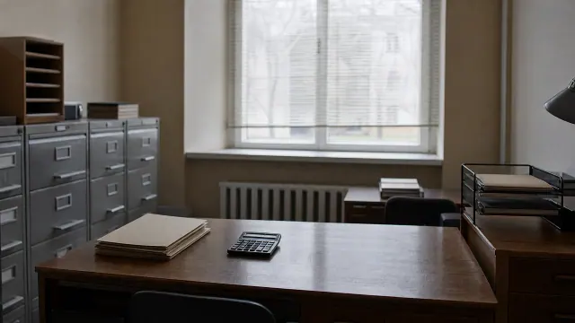 Despacho con escritorio de madera, archivadores metálicos y ventana con vistas