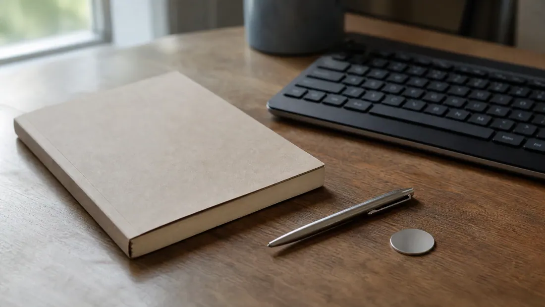 Cuaderno de hojas en blanco sobre escritorio de madera junto a bolígrafo y teclado