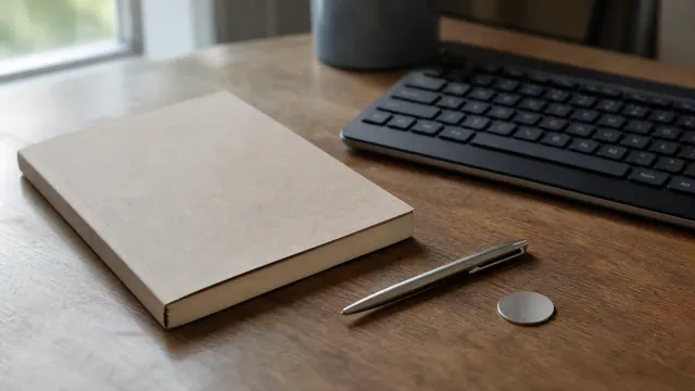 Cuaderno de hojas en blanco sobre escritorio de madera junto a bolígrafo y teclado