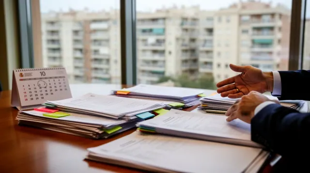 Una persona trabajando en un escritorio con documentos y calendario frente