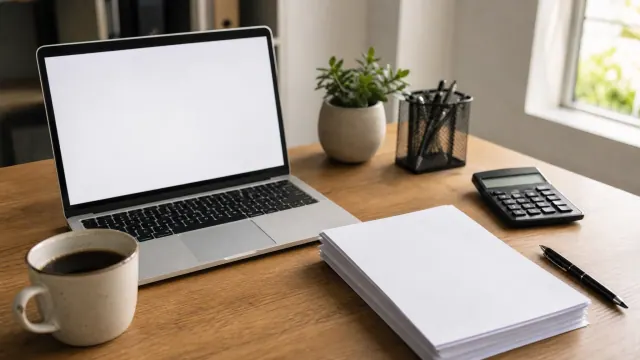 Escritorio con portátil de pantalla en blanco, taza de café, bloc de notas