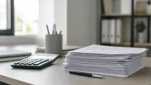 Escritorio de oficina con pilas de documentos, calculadora y portalápices