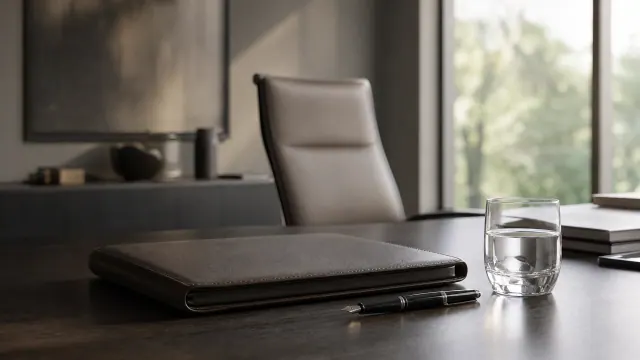 Escritorio de oficina minimalista con carpeta, bolígrafo y vaso de agua