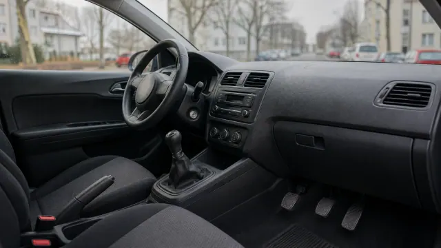 Interior de vehículo con volante, salpicadero y asientos de tela oscura