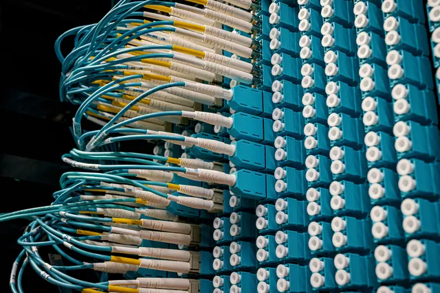 Cables de fibra óptica conectados a servidores en un centro de datos