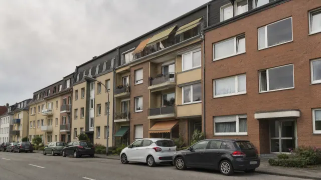 Hilera de edificios residenciales de varios pisos con coches aparcados en la calle