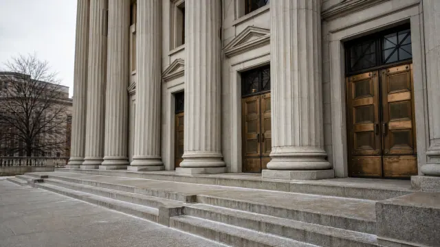 Fachada de edificio neoclásico con columnas y puertas de bronce