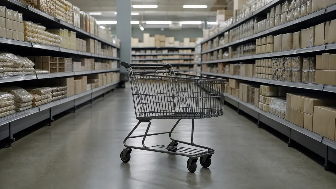 Carrito de compra vacío en pasillo de supermercado con estanterías