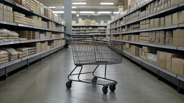 Carrito de compra vacío en pasillo de supermercado con estanterías