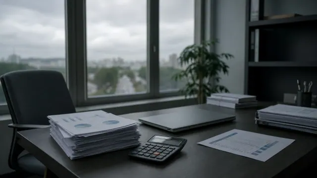 Escritorio en oficina con vistas a una ciudad bajo lluvia