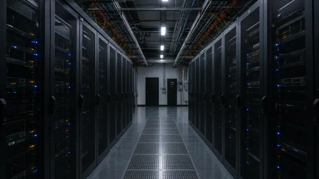 Pasillo de centro de datos con armarios servidores a ambos lados