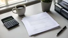 Escritorio de trabajo con documentos, calculadora, taza de café y planta junto