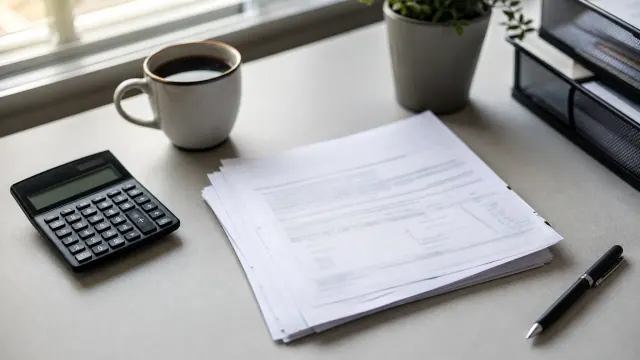 Escritorio de trabajo con documentos, calculadora, taza de café y planta junto