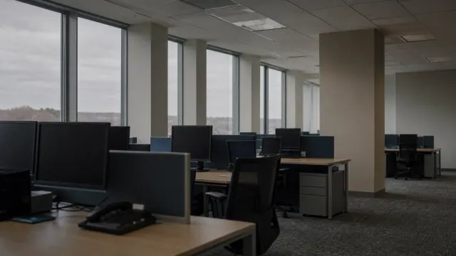 Oficina vacía con puestos de trabajo equipados con monitores y mesas junto