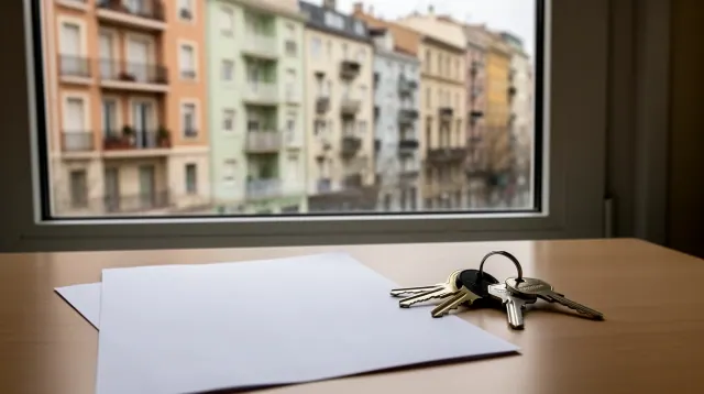 Documentos y llaves de un inmueble sobre una mesa ante ventana con edificios