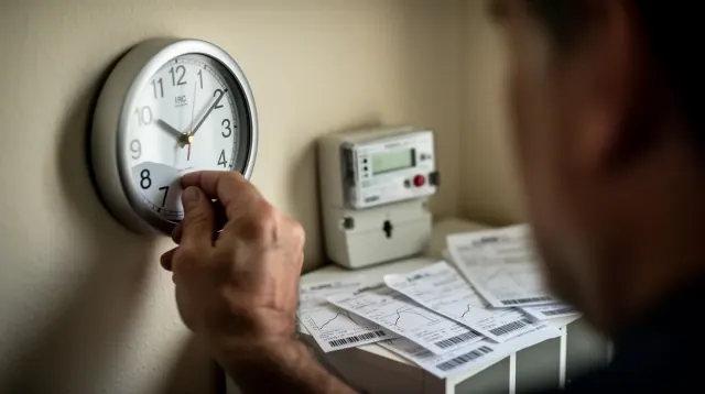 Una persona ajusta un reloj de pared blanco junto a un contador eléctrico
