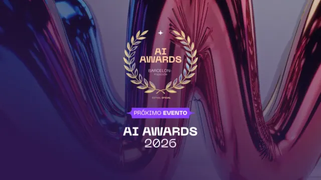Cartel promocional de los AI Awards 2026 en Barcelona con formas onduladas metálicas