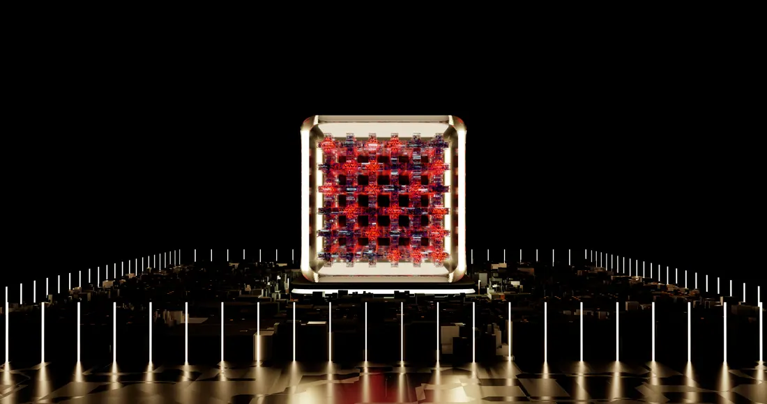 Representación digital de un procesador o chip sobre una ciudad en miniatura