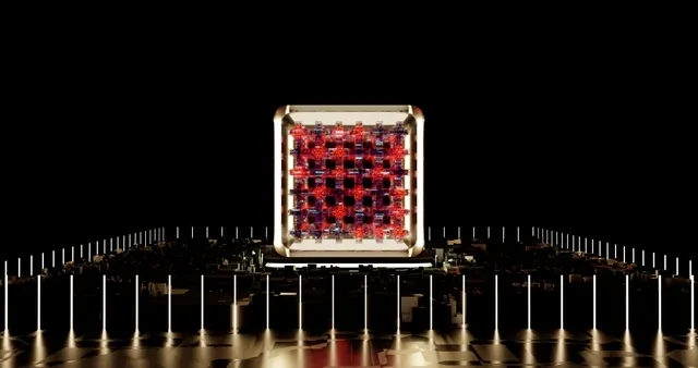 Representación digital de un procesador o chip sobre una ciudad en miniatura