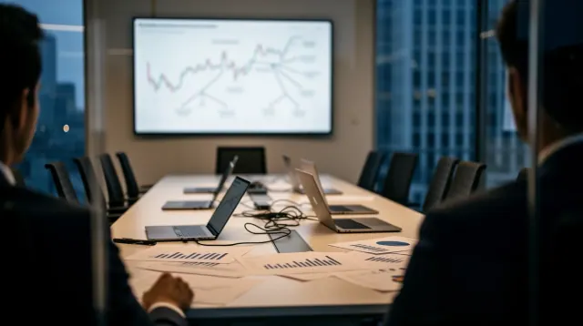 Personas en una sala de reuniones observan gráficos financieros en pantalla