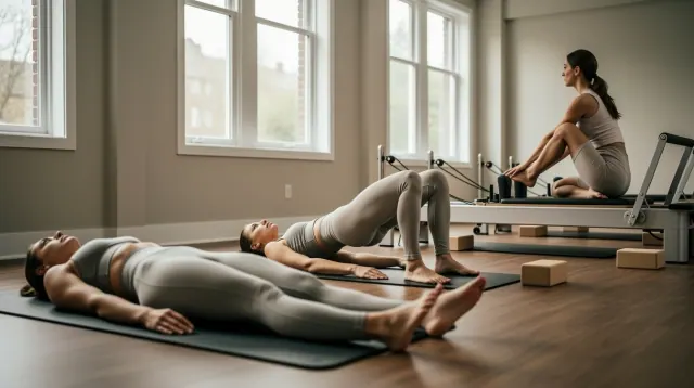 Personas realizando ejercicio de pilates en una sala con máquina reformer