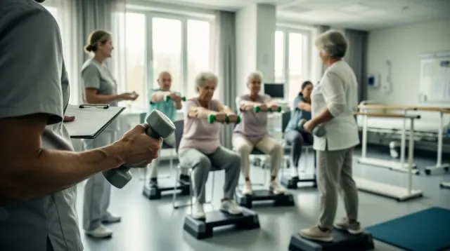 Grupo de personas mayores realizando ejercicio en un step en una sala